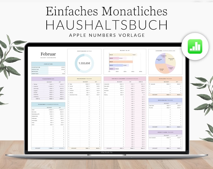Simple household budget book for Numbers (German version), wealth planner, income tracker, expense tracker, Apple Numbers budget template, monthly planner