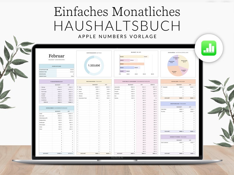 Simple household budget book for Numbers (German version), wealth planner, income tracker, expense tracker, Apple Numbers budget template, monthly planner image 1