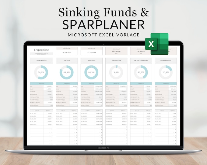Savings planner Excel template (German), savings Excel template, savings plan calculator, digital finance, spreadsheet (German), budget template, Excel finance