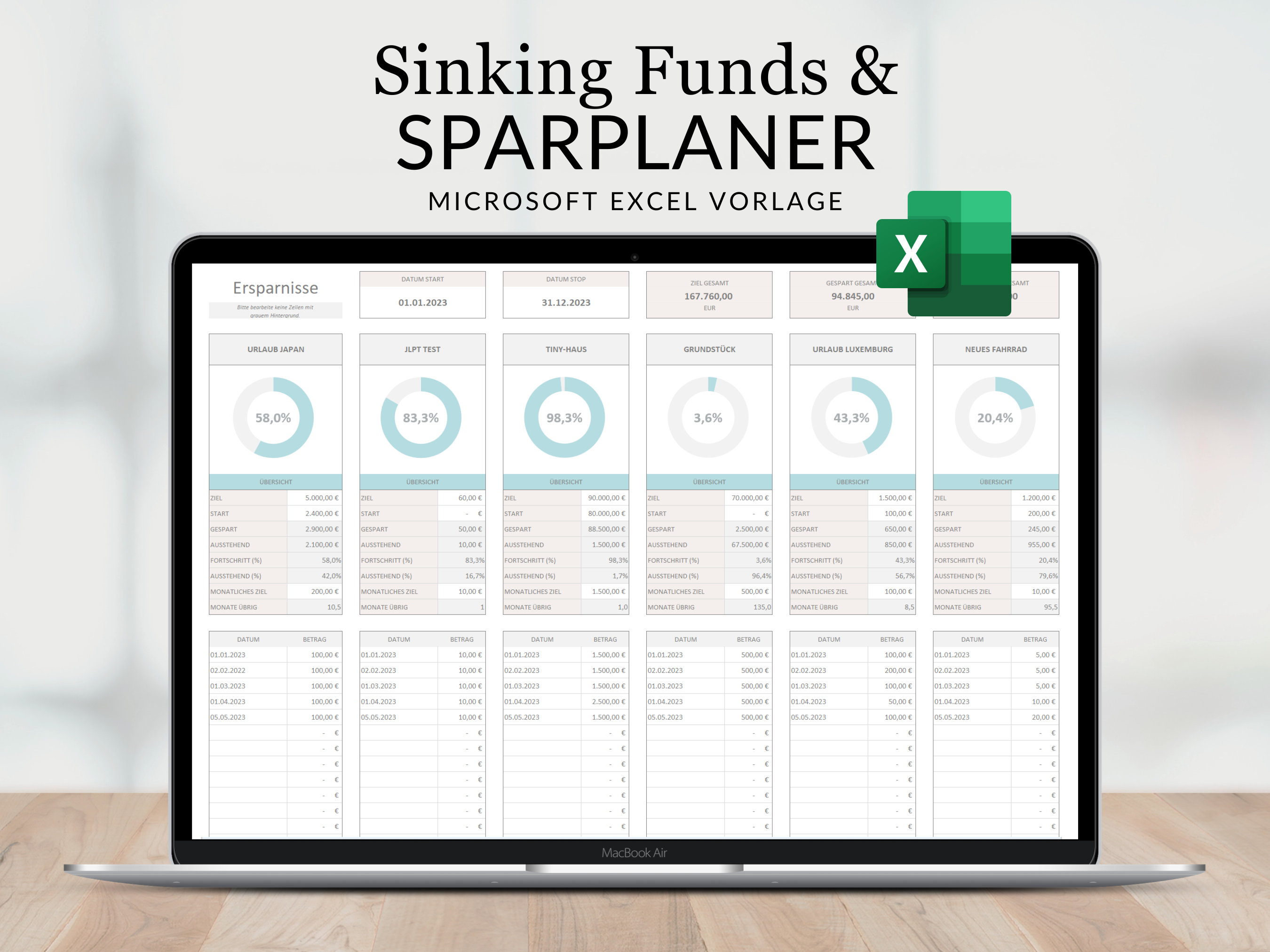 Savings planner Excel German, savings Excel template, savings plan calculator, digital finances, spreadsheet German, budget template, Excel finances