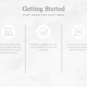 K&ouml;nnte beinhalten: Ein wei&szlig;er Hintergrund mit drei Symbolen und Text. Die Symbole sind ein Laptop, ein H&auml;kchen und eine Sprechblase. Der Text lautet "Getting Started" und "Start Budgeting Right Away". Der Text unter den Symbolen lautet "Nachdem Sie Ihre Bestellung abgeschlossen haben, sendet Ihnen Etsy eine Nachricht mit den Dateien f&uuml;r Ihren Planer.", "Sie ben&ouml;tigen Zahlen auf einem Mac, iPad oder iPhone, um die Vorlage zu bearbeiten.", und "Wenn Sie Fragen haben oder Hilfe ben&ouml;tigen, k&ouml;nnen Sie sich gerne an mich wenden."