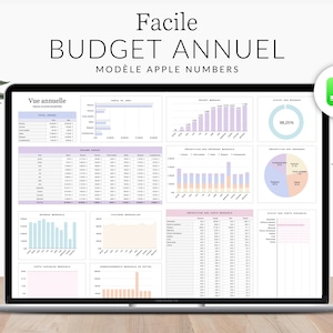 Peut inclure: Un écran d'ordinateur portable affichant une feuille de calcul avec des graphiques et des diagrammes. La feuille de calcul est intitulée "Facile Budget Annuel Modele Apple Numbers". Les graphiques et les diagrammes sont de différentes couleurs, notamment le bleu, le rose et l'orange. La feuille de calcul est divisée en sections, notamment "Vue Annuelle", "Revenus Mensuels", "Depenses Mensuelles", et "Epargne Mensuelle".