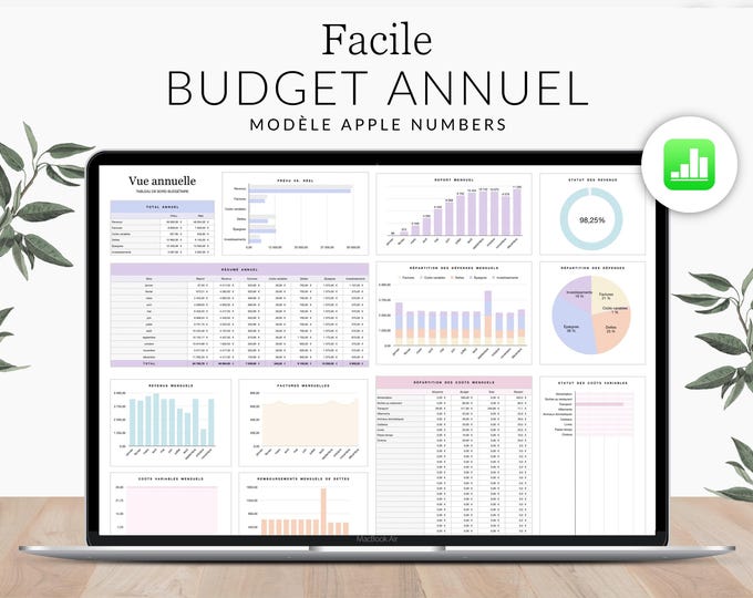 Apple Numbers Annual Budget Template FRENCH for Mac, iPad and iPhone, Income and Expense Spreadsheet, Simple Budgeting for Beginners