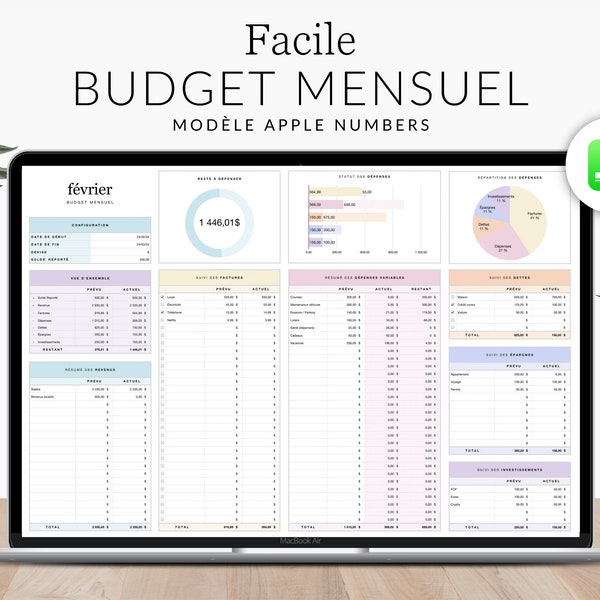Modèle dé budget mensuel en FRANÇAIS, suivi des revenus, suivi des dépenses, planificateur de budget Apple Numbers