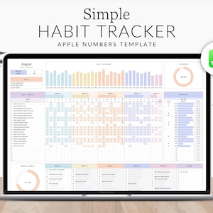 May include: A laptop screen displaying a habit tracker template for Apple Numbers. The template is designed for the month of August and includes a calendar view, progress bars, and a section for daily habits. The template is colour-coded with pastel blue, pink, and yellow.
