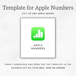 K&ouml;nnte beinhalten: Ein gr&uuml;nes Symbol mit einem Balkendiagramm und dem Text "APPLE NUMBERS" darunter. Der Text "Template for Apple Numbers" befindet sich oben im Bild. Der Text "EDIT ON ANY APPLE DEVICE" befindet sich unter dem Symbol. Der Text "SIMPLY DOWNLOAD AND OPEN THE THE TEMPLATE IN THE NUMBERS APP ON YOUR MAC, IPAD OR IPHONE" befindet sich unten im Bild.