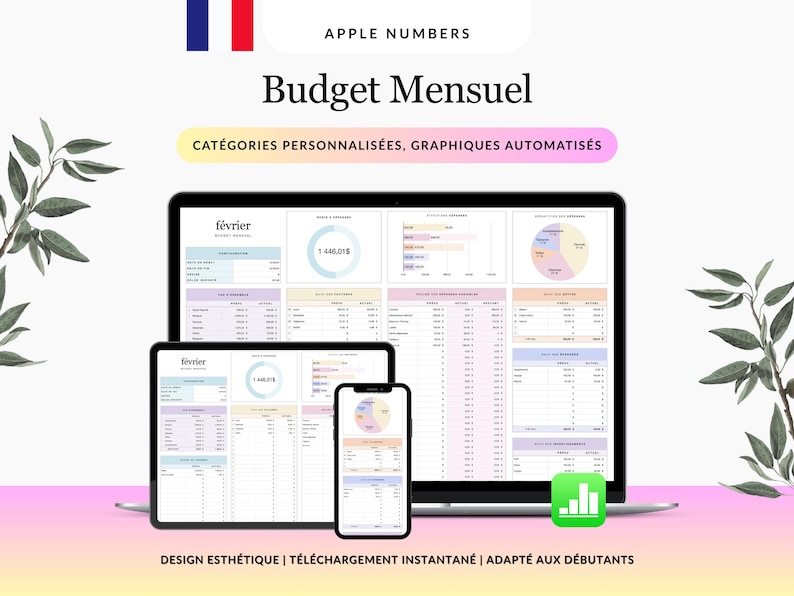 Eenvoudig huishoudbudgetboek Numbers (Frans), financieel planner, inkomsten- en uitgavenplanner, budgetsjabloon voor Apple Numbers, maandplanner afbeelding 1