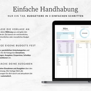 May include: A laptop computer displaying a budgeting spreadsheet with a light blue, pink, and yellow colour scheme. The spreadsheet includes a section for income and expenses, as well as a chart showing a total of 2216.02. The text on the screen reads "Einfache Handhabung" and "NUR EIN TAB, BUDGETIERE IN 3 EINFACHEN SCHRITTEN".