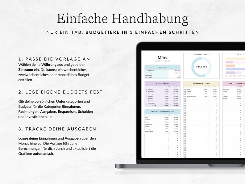 May include: A laptop computer displaying a budgeting spreadsheet with a light blue, pink, and yellow colour scheme. The spreadsheet includes a section for income and expenses, as well as a chart showing a total of 2216.02. The text on the screen reads "Einfache Handhabung" and "NUR EIN TAB, BUDGETIERE IN 3 EINFACHEN SCHRITTEN".