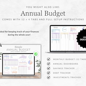 K&ouml;nnte beinhalten: Ein Laptop-Bildschirm zeigt eine Tabellenkalkulation mit einem bunten Diagramm und dem Text "Simple Annual Budget Apple Numbers Template". Der Laptop steht auf einem Holztisch mit gr&uuml;nen Bl&auml;ttern im Hintergrund. Der Text "You Might Also Like: Annual Budget Comes With 12 + 4 Tabs And Full Setup Instructions" befindet sich oben im Bild. Der Text "Ideal for keeping track of your finances during the whole year!" befindet sich unter dem Laptop. Der Text "Link In Description" befindet sich in einem schwarzen Kreis auf der rechten Seite des Bildes. Unter dem Laptop befinden sich f&uuml;nf H&auml;kchen mit folgendem Text: "Monthly Budget (12 Tabs)", "Annual Dashboard", "Savings Tracker", "Debt Tracker", "Investments Tracker".
