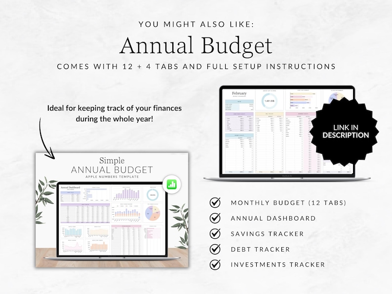 K&ouml;nnte beinhalten: Ein Laptop-Bildschirm zeigt eine Tabellenkalkulation mit einem bunten Diagramm und dem Text "Simple Annual Budget Apple Numbers Template". Der Laptop steht auf einem Holztisch mit gr&uuml;nen Bl&auml;ttern im Hintergrund. Der Text "You Might Also Like: Annual Budget Comes With 12 + 4 Tabs And Full Setup Instructions" befindet sich oben im Bild. Der Text "Ideal for keeping track of your finances during the whole year!" befindet sich unter dem Laptop. Der Text "Link In Description" befindet sich in einem schwarzen Kreis auf der rechten Seite des Bildes. Unter dem Laptop befinden sich f&uuml;nf H&auml;kchen mit folgendem Text: "Monthly Budget (12 Tabs)", "Annual Dashboard", "Savings Tracker", "Debt Tracker", "Investments Tracker".