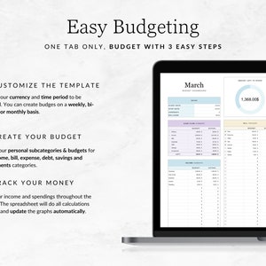 K&ouml;nnte beinhalten: Ein Laptop-Bildschirm zeigt eine Haushaltsplan-Tabelle mit dem Titel "M&auml;rz" und ein Diagramm, das ein Guthaben von 1.368,00 $ anzeigt. Die Tabelle enth&auml;lt Abschnitte f&uuml;r Einnahmen, Ausgaben und Ersparnisse.
