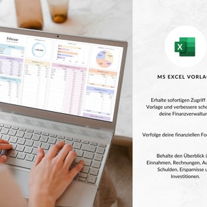 May include: A laptop computer with a spreadsheet open on the screen. The spreadsheet is titled "February" and contains financial data. The laptop is on a white table and a person's hands are typing on the keyboard. The image is accompanied by text that reads "MS Excel Template" and describes the benefits of using the template.