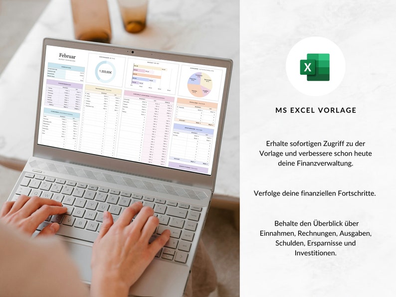 May include: A laptop computer with a spreadsheet open on the screen. The spreadsheet is titled "February" and contains financial data. The laptop is on a white table and a person's hands are typing on the keyboard. The image is accompanied by text that reads "MS Excel Template" and describes the benefits of using the template.
