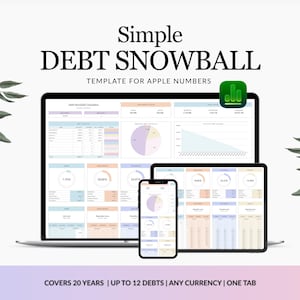 May include: A digital debt snowball template for Apple Numbers displayed on a laptop, tablet, and smartphone. The screen shows financial data, pie charts, and progress bars. Text reads: Simple DEBT SNOWBALL TEMPLATE FOR APPLE NUMBERS. COVERS 20 YEARS | UP TO 12 DEBTS | ANY CURRENCY | ONE TAB.