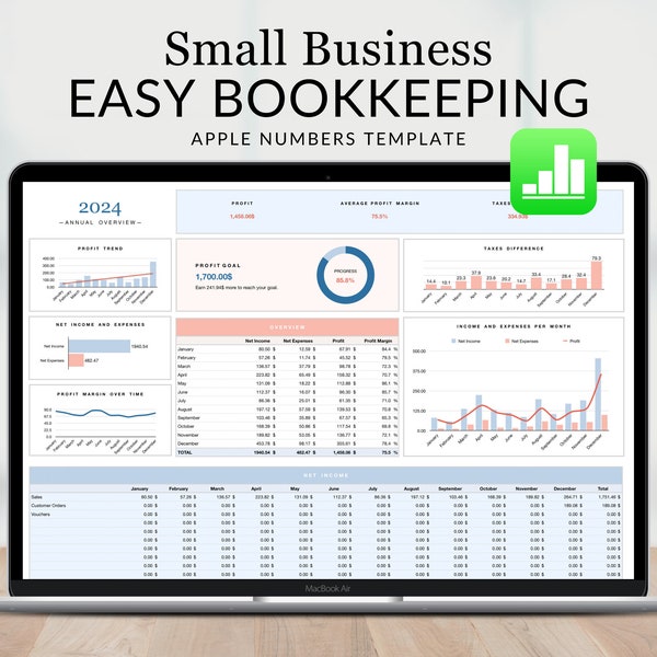 Easy Bookkeeping Template Small Business ENGLISH for Apple Numbers, Income and Expense Tracker, Simple Business Accounting Sheet for Mac