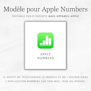 Op de afbeelding: Een groen Apple Numbers app-pictogram met een staafdiagram erin. De tekst "APPLE NUMBERS" staat onder het pictogram. De tekst "IL SUFFIT DE T&Eacute;L&Eacute;CHARGER LE MOD&Egrave;LE ET DE L'OUVRIR DANS L'APPLICATION NUMBERS SUR TON MAC, IPAD OU IPHONE." staat onder het pictogram.