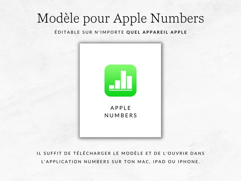 Op de afbeelding: Een groen Apple Numbers app-pictogram met een staafdiagram erin. De tekst "APPLE NUMBERS" staat onder het pictogram. De tekst "IL SUFFIT DE T&Eacute;L&Eacute;CHARGER LE MOD&Egrave;LE ET DE L'OUVRIR DANS L'APPLICATION NUMBERS SUR TON MAC, IPAD OU IPHONE." staat onder het pictogram.