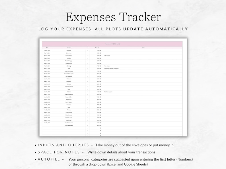 May include: A black and white printable expenses tracker with a pink header. The tracker has columns for date, category, amount, and notes. The text "LOG YOUR EXPENSES, ALL PLOTS UPDATE AUTOMATICALLY" is at the top of the page. The text "INPUTS AND OUTPUTS - Take money out of the envelopes or put money in", "SPACE FOR NOTES - Write down details about your transactions", and "AUTOFILL - Your personal categories are suggested upon entering the first letter (Numbers) or through a drop-down (Excel and Google Sheets)" is at the bottom of the page.