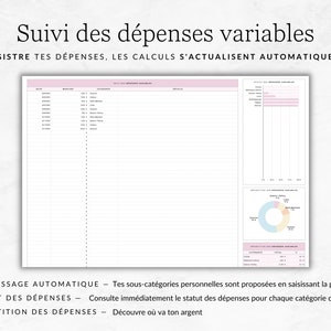 Op de afbeelding: Een printbaar budgettracker-werkblad met een roze en wit kleurenschema. Het werkblad bevat secties voor datum, bedrag, categorie, details en een cirkeldiagram om uitgaven te visualiseren. De tekst op het werkblad luidt "Suivi des d&eacute;penses variables" en "Enregistre tes d&eacute;penses, les calculs s'actualisent automatiquement".