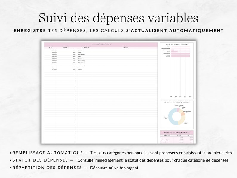 Op de afbeelding: Een printbaar budgettracker-werkblad met een roze en wit kleurenschema. Het werkblad bevat secties voor datum, bedrag, categorie, details en een cirkeldiagram om uitgaven te visualiseren. De tekst op het werkblad luidt "Suivi des d&eacute;penses variables" en "Enregistre tes d&eacute;penses, les calculs s'actualisent automatiquement".