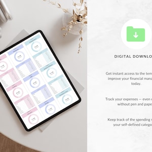 May include: A digital download of a printable budget tracker template displayed on a tablet. The template features a light blue and pink color scheme with circles and charts for tracking expenses.
