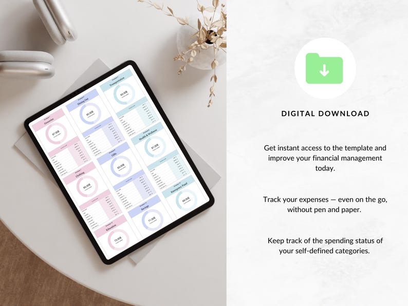May include: A digital download of a printable budget tracker template displayed on a tablet. The template features a light blue and pink color scheme with circles and charts for tracking expenses.
