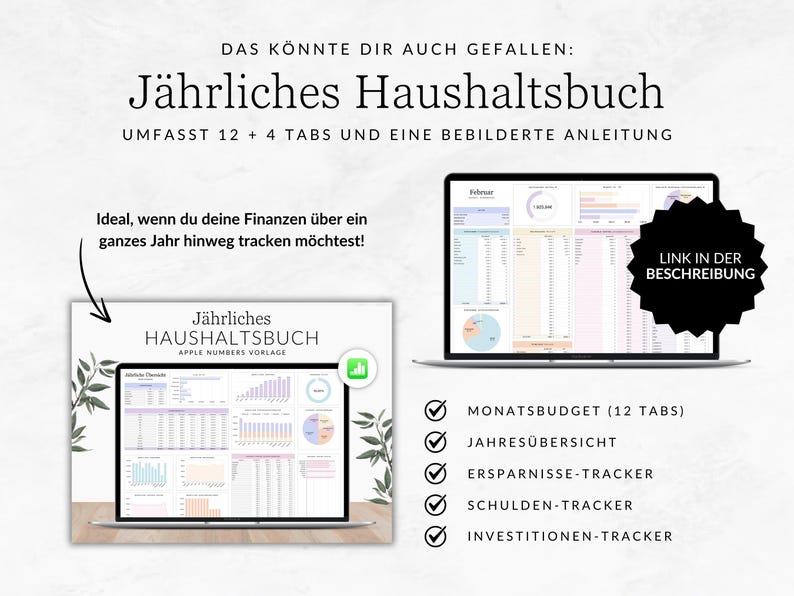 Simple household budget book for Numbers (German version), wealth planner, income tracker, expense tracker, Apple Numbers budget template, monthly planner image 8
