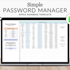 Könnte beinhalten: Ein Laptop zeigt eine Passwort-Manager-Vorlage mit der Aufschrift "Simple Password Manager" und "Apple Numbers Template". Der Bildschirm zeigt eine Tabelle mit Website-, Benutzernamen- und Passwortdetails. Oben rechts befindet sich ein grünes Symbol.