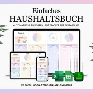 Op de afbeelding: Een digitale huishoudboek-tracker weergegeven op een laptop, tablet en smartphone. De interface bevat de tekst Einfaches HAUSHALTSBUCH, cirkeldiagrammen en financiële tabellen. Pictogrammen voor MS Excel, Google Sheets en Apple Numbers zijn inbegrepen.
