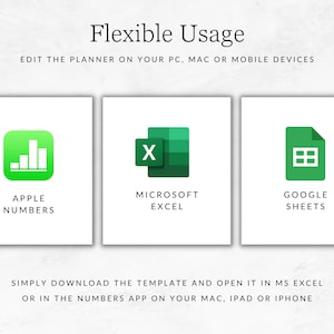 May include: A graphic showing three different spreadsheet programs: Apple Numbers, Microsoft Excel, and Google Sheets. The text "Flexible Usage" is at the top of the graphic. The text "Edit the planner on your PC, Mac or mobile devices" is below the title. The text "Simply download the template and open it in MS Excel or in the Numbers app on your Mac, iPad or iPhone" is at the bottom of the graphic.