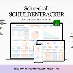 May include: A digital debt tracker template for Apple Numbers displayed on a laptop, tablet, and smartphone. The screen shows the text Schneeball SCHULDENTRACKER VORLAGE FÜR APPLE NUMBERS, with charts, tables, and financial data in pastel colors.