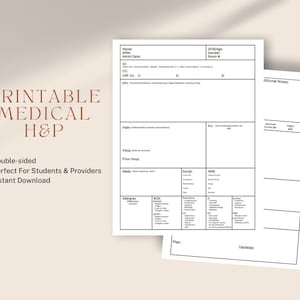 Puede incluir: Formulario de historia clínica y física (H&P) imprimible. El formulario incluye secciones para datos demográficos del paciente, fecha de nacimiento, sexo, fecha de admisión, queja principal, historia de la enfermedad actual, antecedentes médicos, antecedentes familiares, antecedentes sociales, revisión de sistemas, alergias, medicamentos, plan y actualizaciones. El formulario es de doble cara y perfecto para estudiantes y proveedores.