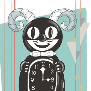 May include: A black and white cartoon clock with a cat face, horns, and a long tail. The clock face has black numbers and hands, and the tail is swinging.
