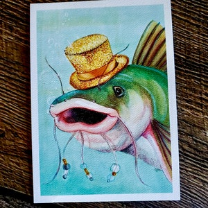 May include: A watercolour painting of a catfish wearing a gold top hat with an orange band. The catfish has a pink mouth and is surrounded by bubbles. The painting has a light blue background.