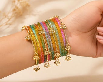 Rainbow Glass Bangles/Viral Kashmiri and Rain drop Bangles Set with Ghungroo Bangles Kada/Multi color/Indian Jewelry Size- 2.4/2.6/2.8
