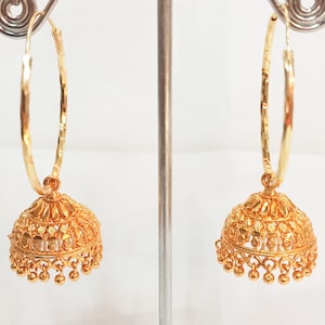 Gouden jhumka-oorbellen (diameter 1,5 inch), Indiase jhumka-oorbellen, mini hoepel jhumka, hoepel vergulde jhumki, oorbellen bengelen desi