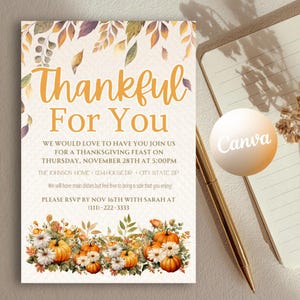 Thankful For You | Pumpkin Thanksgiving Dinner Invitation Card | Canva Thanksgiving Digital Template Download