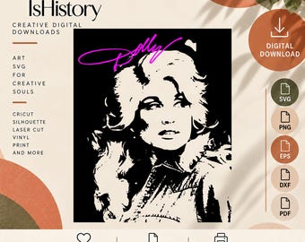 Dolly Parton SVG Png Dxf Eps Pdf – Countrymusikikonporträtt med signatur, vintage sångerskadesign, Cricut Cut-fil, utskrivbar väggkonst