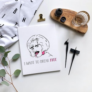 May include: A black and white illustration of a woman with pink earrings and a short, curly hairstyle. The text "I want to break free" is written below the illustration.