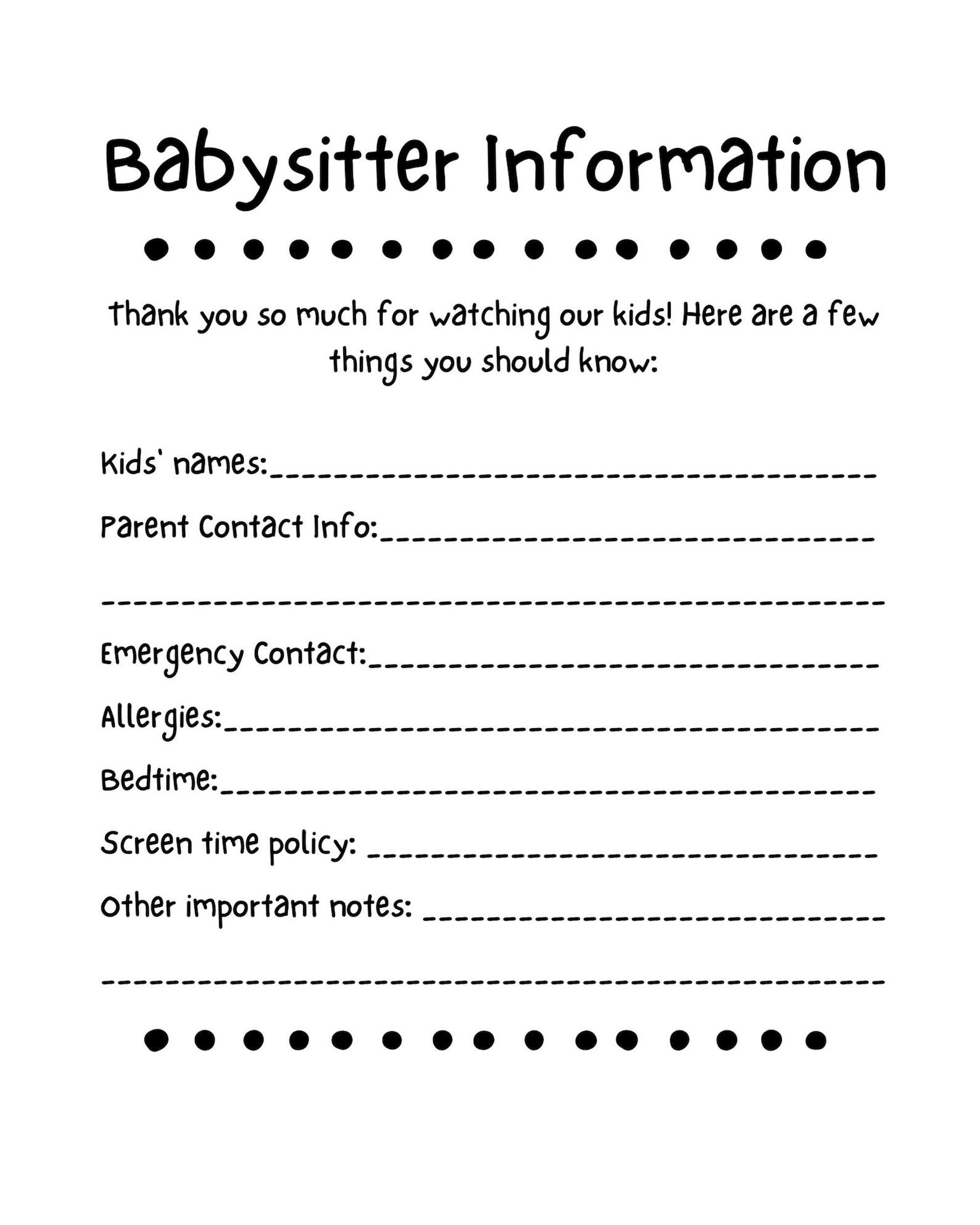 Babysitter Information Sheet and Checklist - Etsy