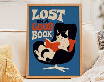 Funny Cat Reading Poster - Giclee Reproduction - Retro Book Lover Wall Art Print