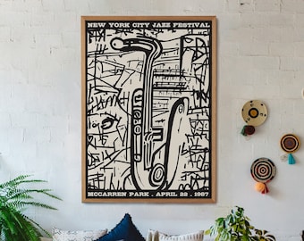 New York City Jazz Festival - giclee reproduction - saxophone wall art print - 1960s graphic poster musician gift large wall art black white