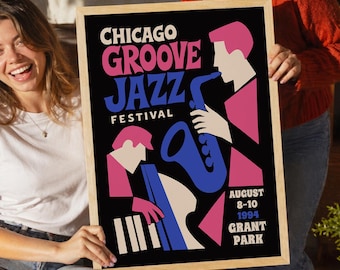 Chicago Jazz Festival Poster - Retro Jazz Wall Art Print, Saxophone Music Poster, Bold Decor
