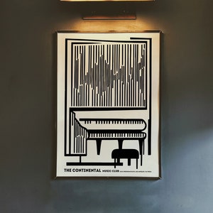 Cartel publicitario de un club de música: reproducción en giclée, impresión de arte mural con piano, póster gráfico de los años 60, regalo para músico, arte mural grande