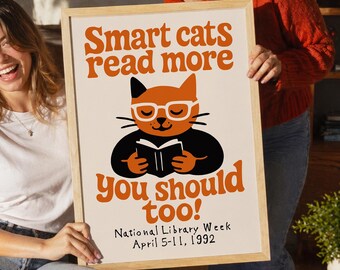 Smart Cats Read More (Giclée Fine Art Print) 1992 Librarian Classroom Teacher Booklover Accent