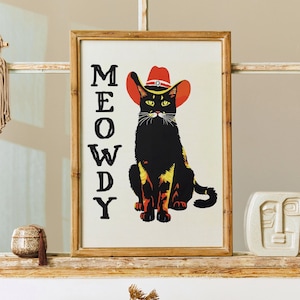 Meowdy Cat Print - Cowboy Poster, Howdy Black Cat, Cat Mom Print, Trendy Cute Print Country Music Giclee Wall Art Gift Retro Illustration