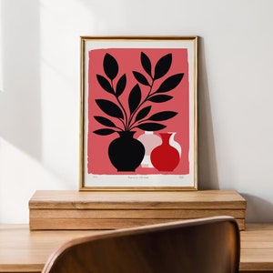 Impresión botánica abstracta moderna de mediados de siglo, arte de pared con jarrón de plantas minimalista, póster retro en rosa, rojo y negro, decoración del hogar de estilo escandinavo