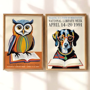 SET OF 2 National Library Week Posters | 1991 1997 Reading Art Prints Book Decor