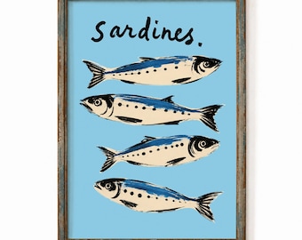 Sardines Poster - Coastal Kitchen Wall Art, Mediterranean Fish Print, Nautical Home Decor, Ocean Art
